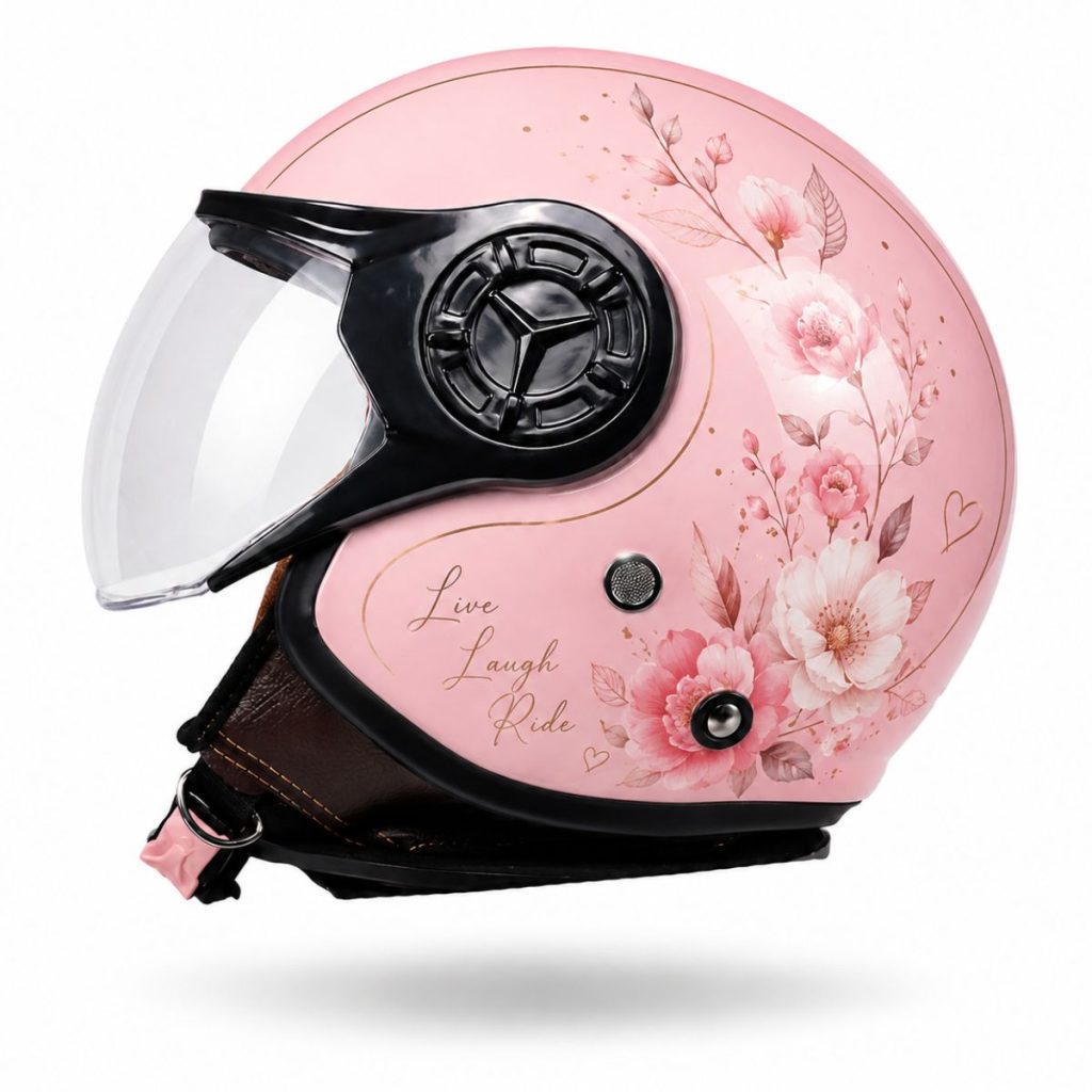 Helm custom pink feminim untuk souvenir brand activation perusahaan wanita