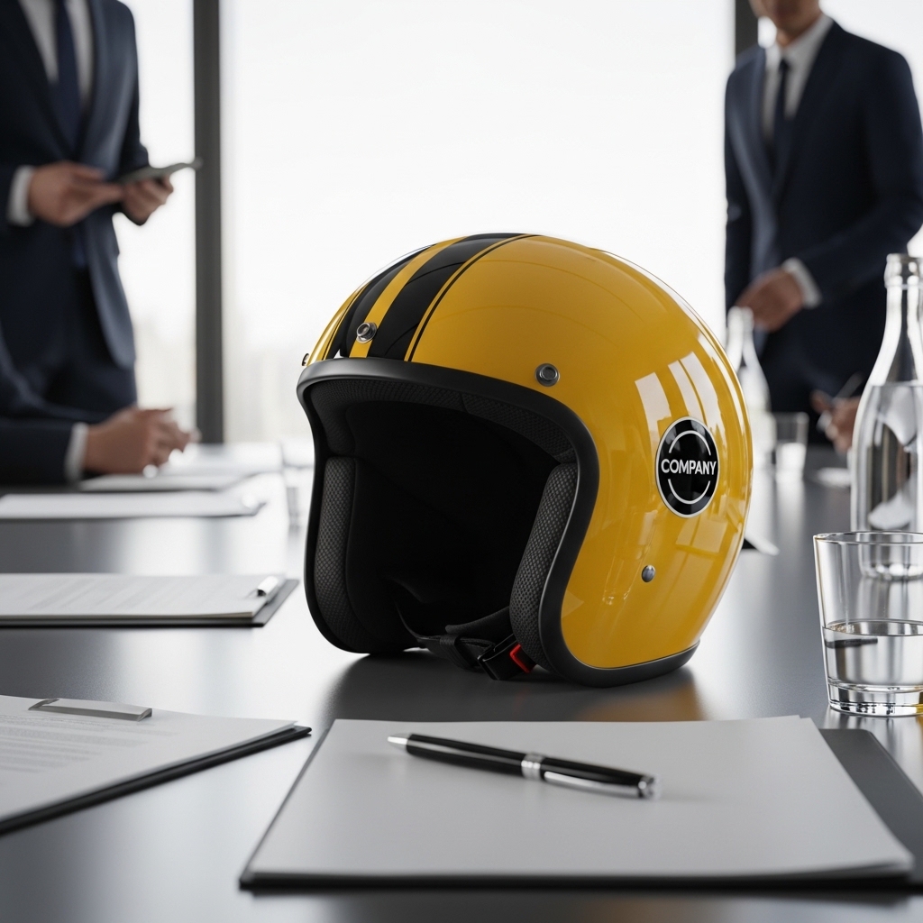 Helm custom perusahaan dengan logo branding korporat