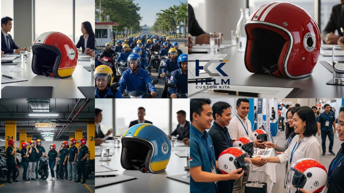 Helm custom perusahaan dengan logo corporate untuk branding dan merchandise berkualitas SNI